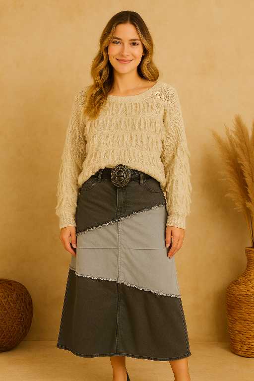Model met patchwork denimrok in stonewashed grijs-mix met zwarte riem en stretch-taille – handmade boho stijl van Menikleding.