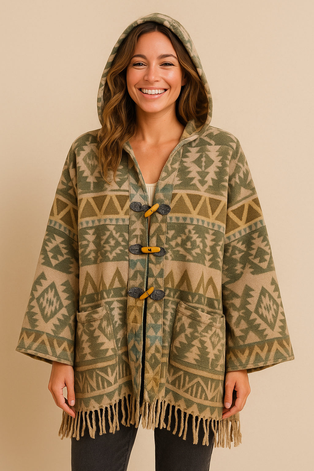 Menikleding-Poncho-Groen-Beige-Aztec-Voorkant.jpg	Boho poncho met capuchon in groen-beige Aztec print – handgemaakt in Nepal – Menikleding