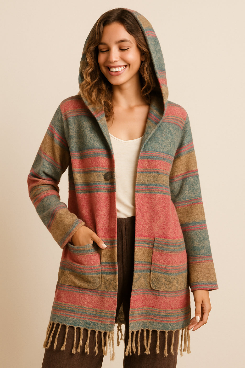 Bohemian Poncho van Wolmix met Capuchon – Handmade in Nepal