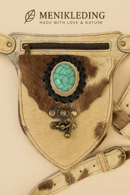 Handgemaakt Leren Heuptasje met Turquoise Steen – Boho Stijl | Menikleding