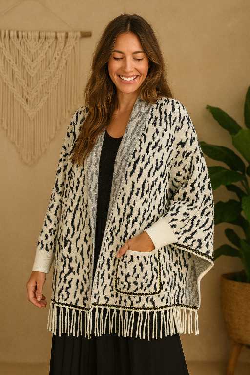 Boho poncho met zwart-wit patroon en grijze patchworkrok – voorkantweergave met vrouwelijk model in bohemian setting, handgemaakt in Nepal | Menikleding