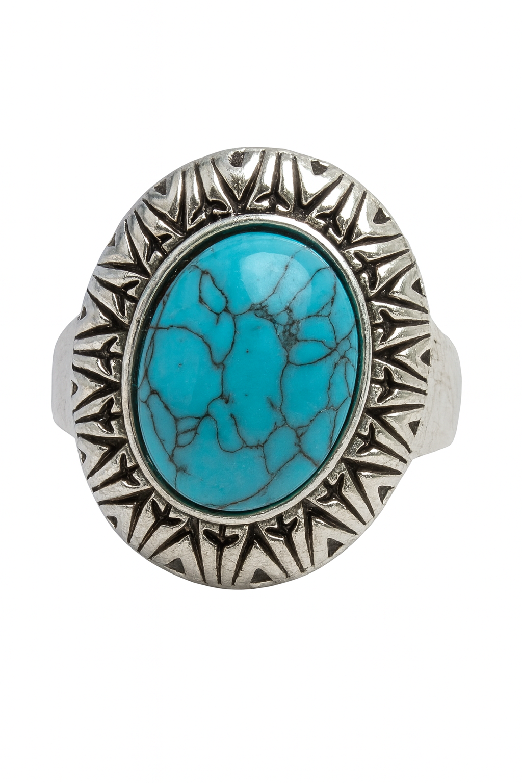 Handgemaakte boho ring met ovale turkoois steen en gedetailleerde zilverkleurige rand