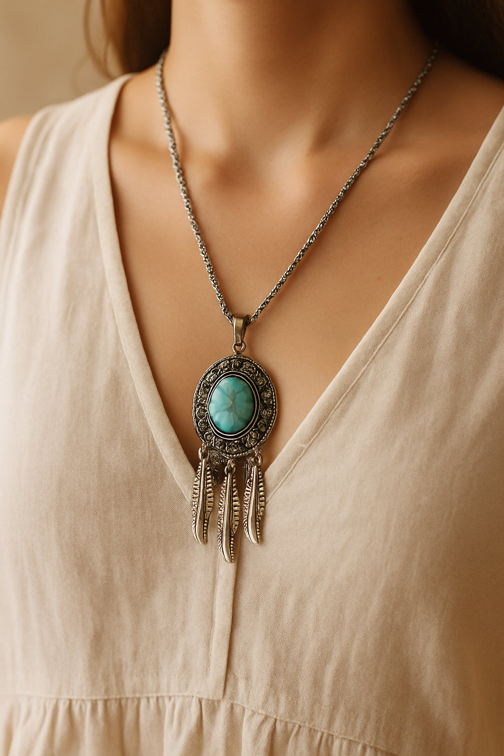 Model draagt zilverkleurige boho ketting met turquoise hanger en franjes – handgemaakte bohemian accessoire van Menikleding