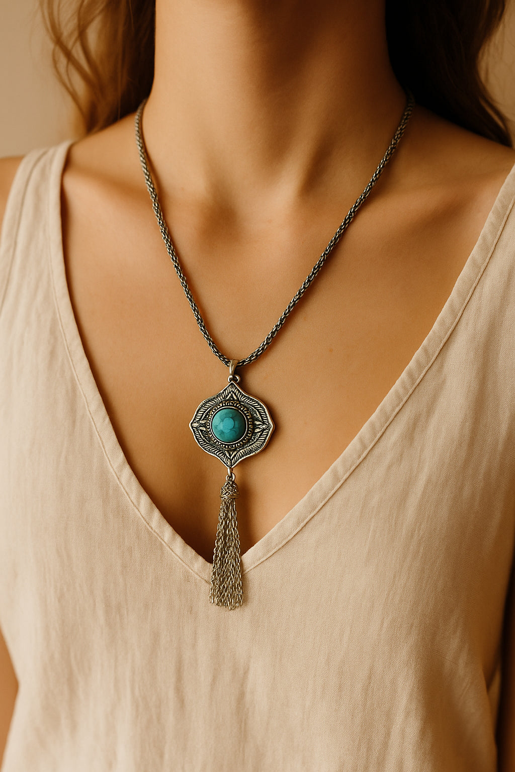Model draagt zilverkleurige boho ketting met turquoise hanger en franjes – stijlvolle bohemian festival accessoire